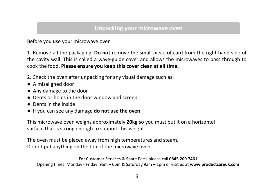 Unpacking your microwave oven | RUSSELL HOBBS 30 Litre microwave oven RHM3003B User Manual | Page 4 / 36