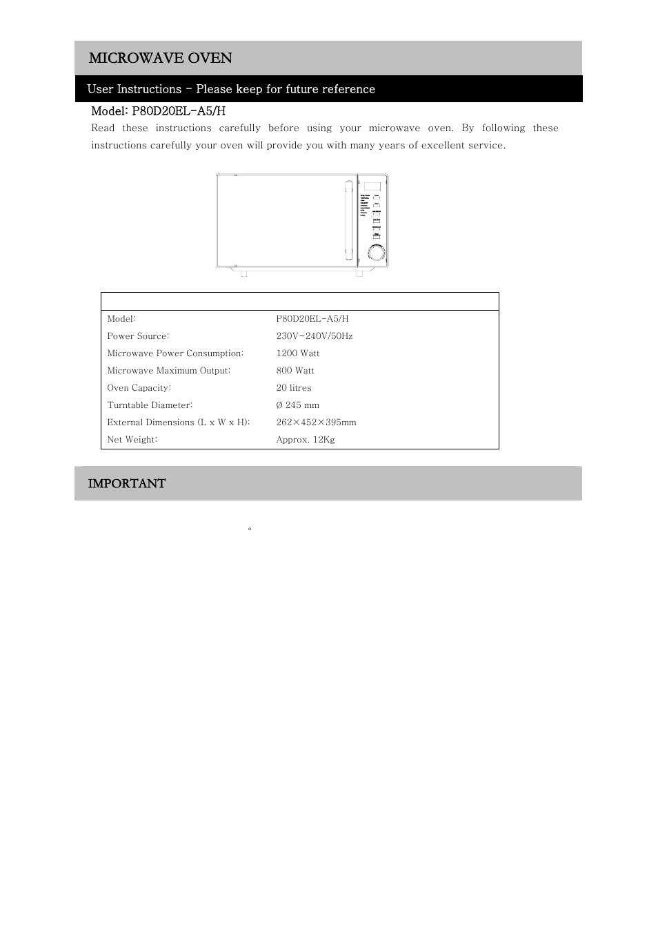 Microwave oven, Important | RUSSELL HOBBS RHM2017 User Manual | Page 2 / 20