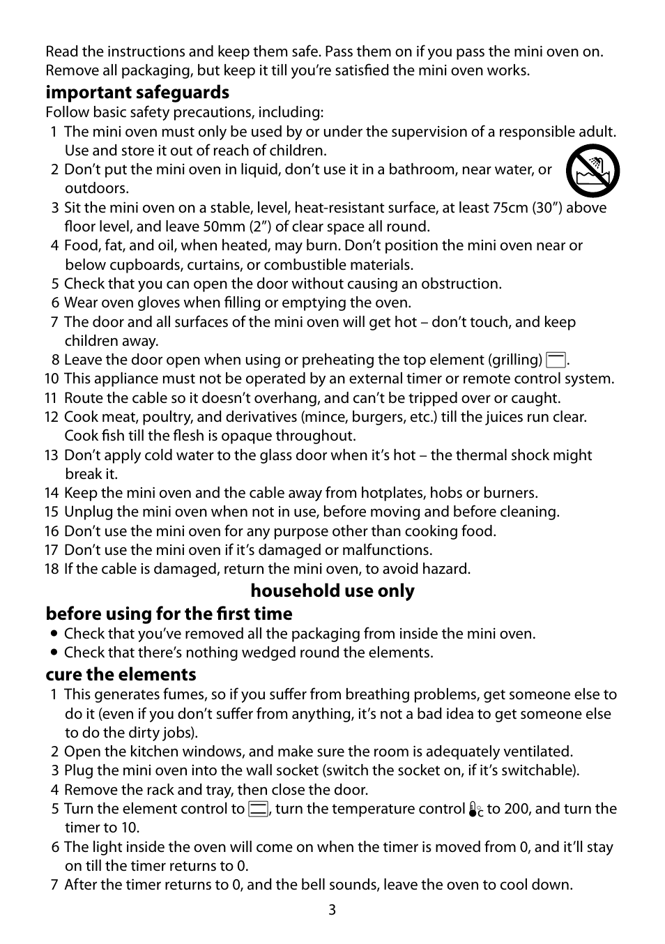 Important safeguards, Household use only before using for the first time, Cure the elements | RUSSELL HOBBS 550-004 User Manual | Page 3 / 8