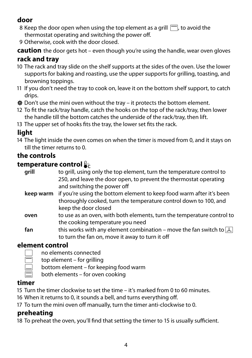 Door, Caution, Rack and tray | Light, The controls temperature control c, Element control, Timer, Preheating | RUSSELL HOBBS 550-004 User Manual | Page 4 / 8