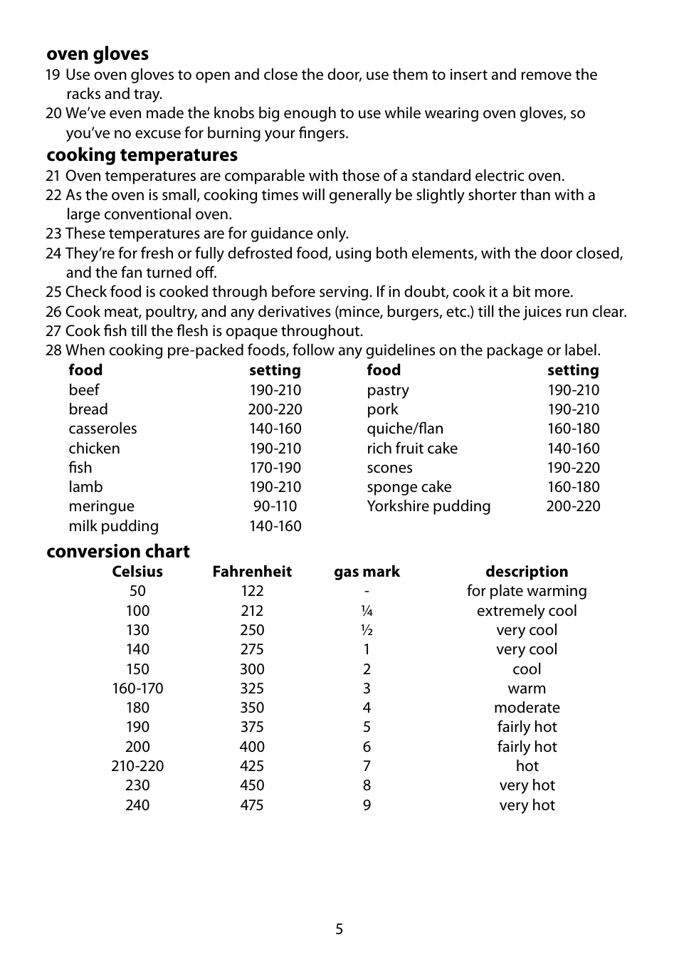 Oven gloves, Cooking temperatures, Conversion chart | RUSSELL HOBBS 550-004 User Manual | Page 5 / 8