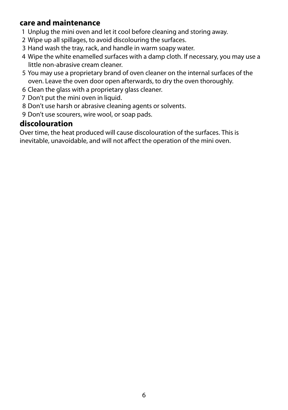Care and maintenance, Discolouration | RUSSELL HOBBS 550-004 User Manual | Page 6 / 8
