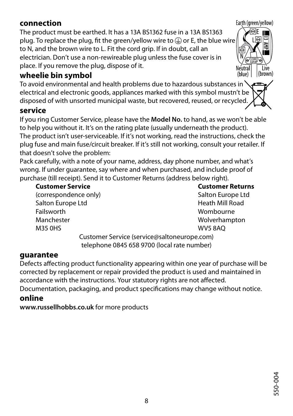 Connection, Wheelie bin symbol, Service | Guarantee, Online | RUSSELL HOBBS 550-004 User Manual | Page 8 / 8