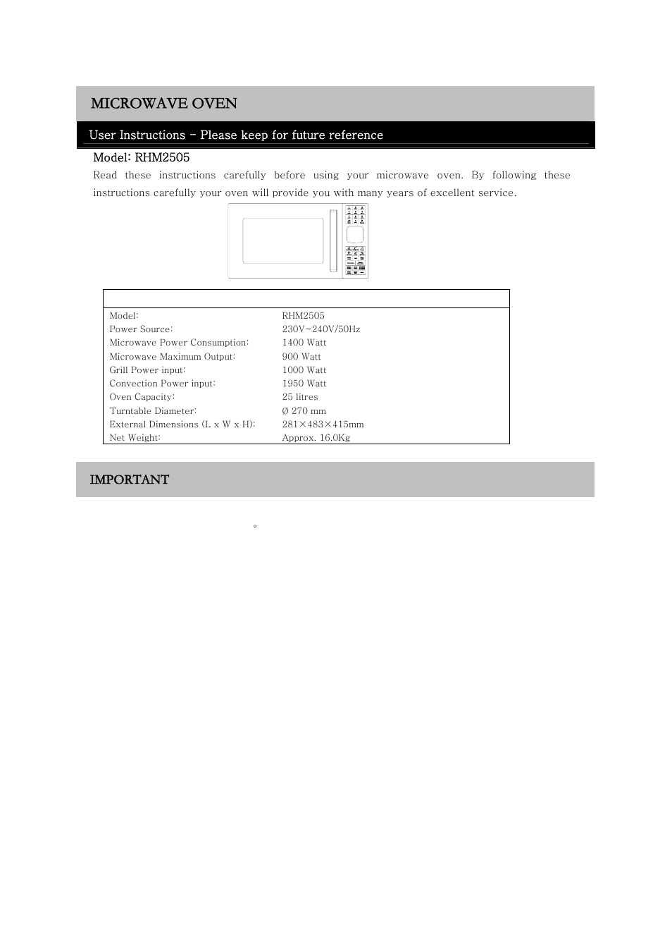 Microwave oven, Important | RUSSELL HOBBS RHM2505 User Manual | Page 2 / 25