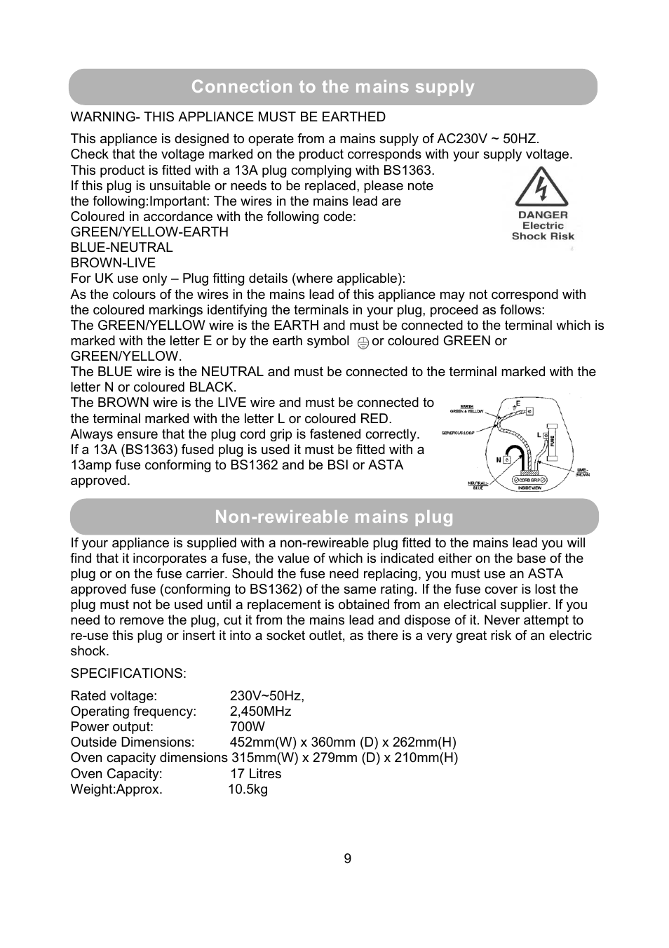 Connection to the mains supply, Non-rewireable mains plug | RUSSELL HOBBS 17 Litre Manual Microwave RHM1708-G User Manual | Page 12 / 13