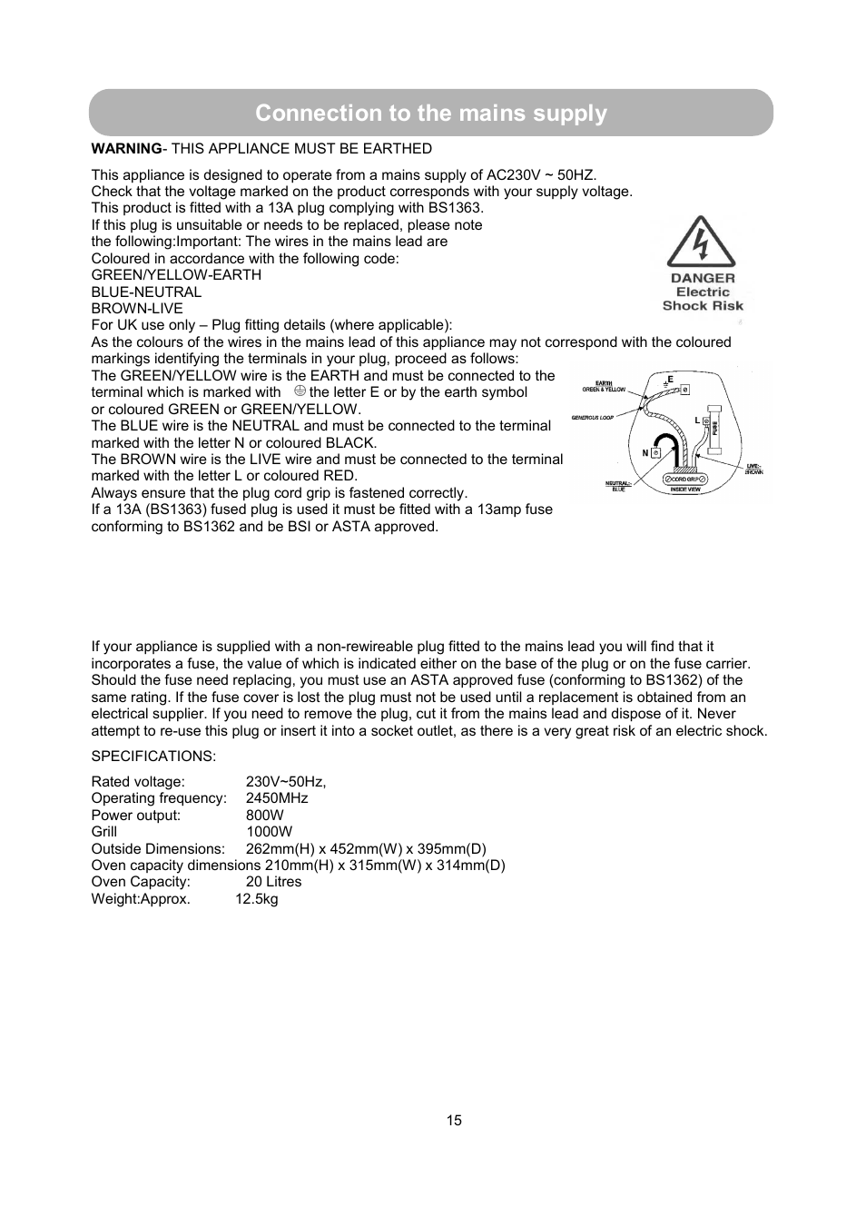 Connection to the mains supply | RUSSELL HOBBS RHM2013 User Manual | Page 17 / 18