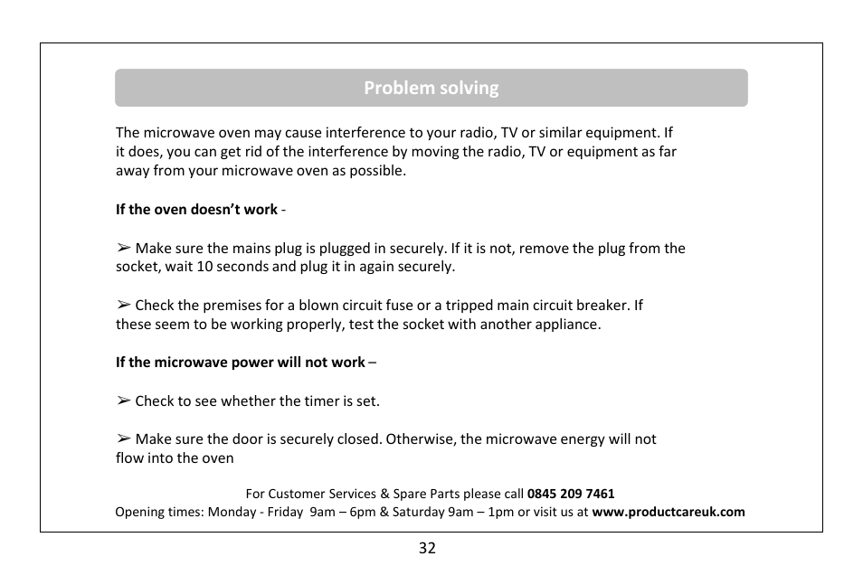 Problem solving | RUSSELL HOBBS microwave oven RHM2560CG User Manual | Page 33 / 36