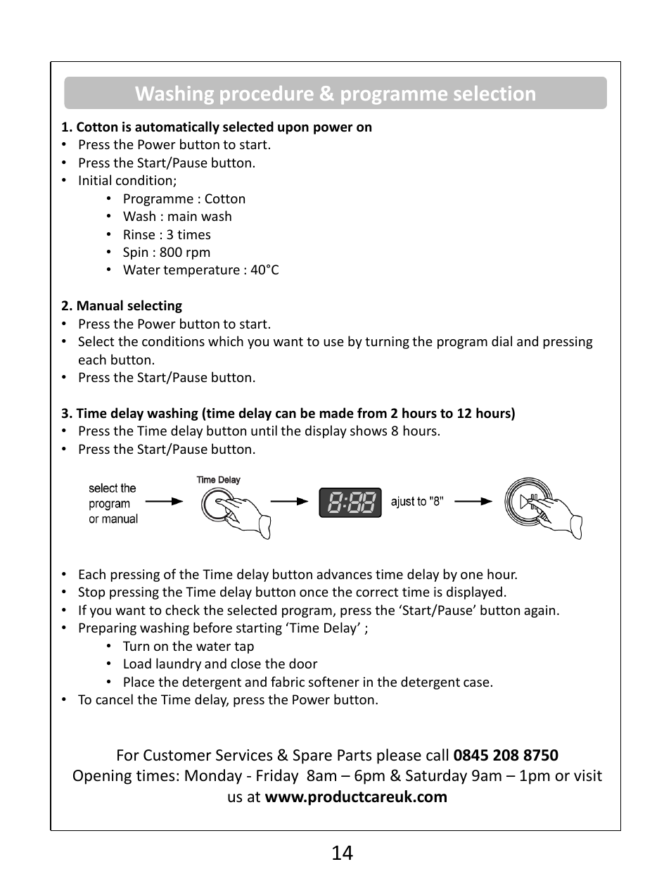 Washing procedure & programme selection | RUSSELL HOBBS White 8KG 1400 Spin Speed Inverter Direct Drive Washing Machine RHWM81400DIDW User Manual | Page 14 / 32