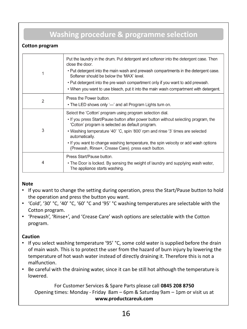 Washing procedure & programme selection 16 | RUSSELL HOBBS White 8KG 1400 Spin Speed Inverter Direct Drive Washing Machine RHWM81400DIDW User Manual | Page 16 / 32