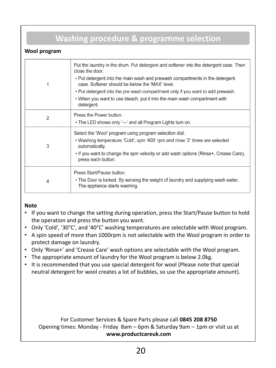 Washing procedure & programme selection 20 | RUSSELL HOBBS White 8KG 1400 Spin Speed Inverter Direct Drive Washing Machine RHWM81400DIDW User Manual | Page 20 / 32