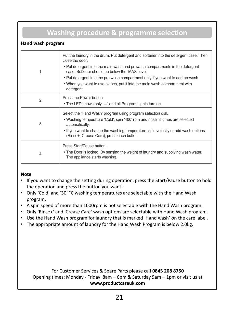 Washing procedure & programme selection 21 | RUSSELL HOBBS White 8KG 1400 Spin Speed Inverter Direct Drive Washing Machine RHWM81400DIDW User Manual | Page 21 / 32