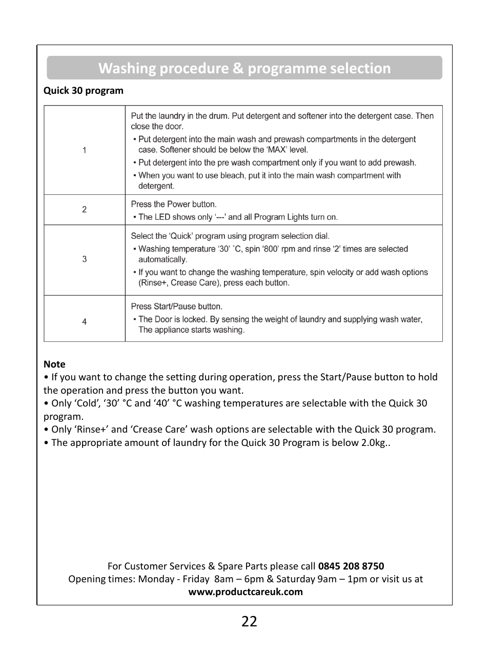 Washing procedure & programme selection 22 | RUSSELL HOBBS White 8KG 1400 Spin Speed Inverter Direct Drive Washing Machine RHWM81400DIDW User Manual | Page 22 / 32