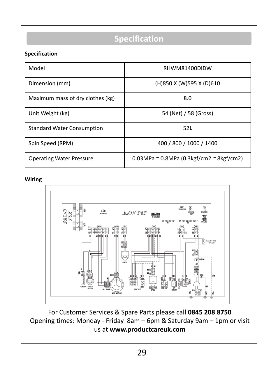 Specification | RUSSELL HOBBS White 8KG 1400 Spin Speed Inverter Direct Drive Washing Machine RHWM81400DIDW User Manual | Page 29 / 32