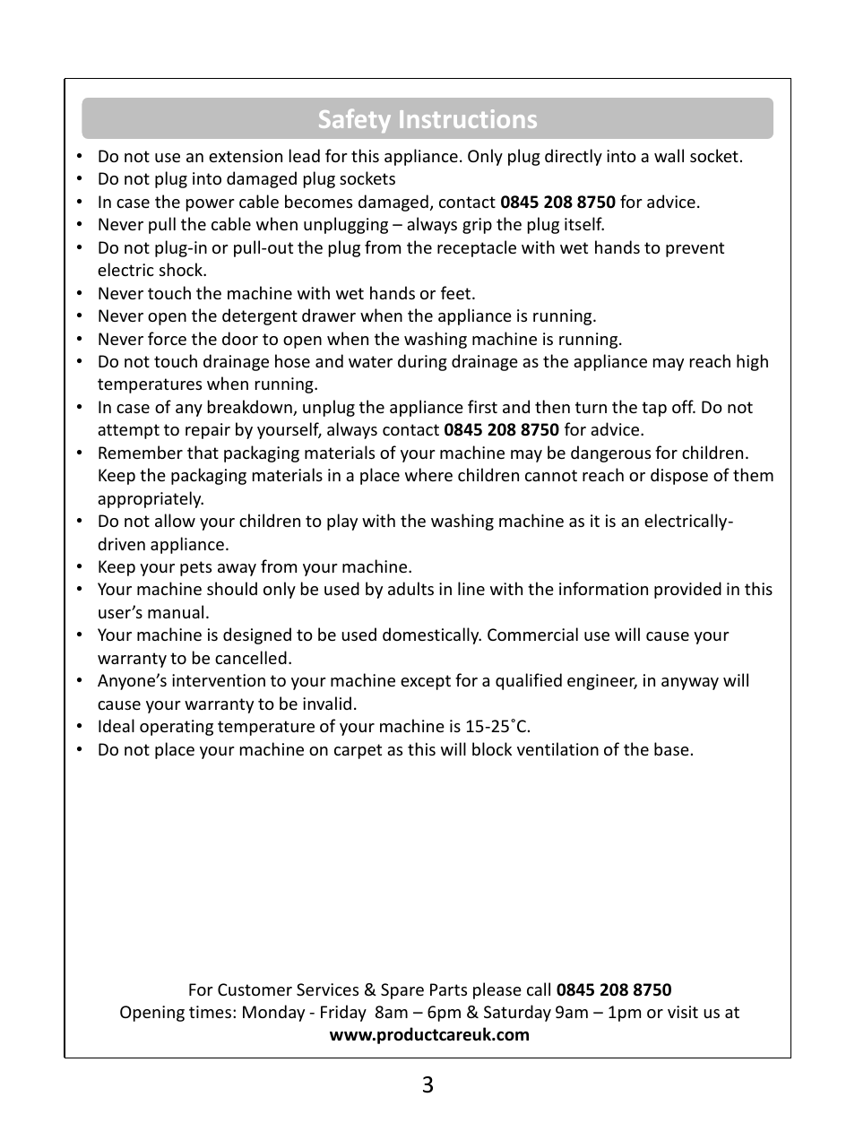 Safety instructions | RUSSELL HOBBS White 8KG 1400 Spin Speed Inverter Direct Drive Washing Machine RHWM81400DIDW User Manual | Page 3 / 32