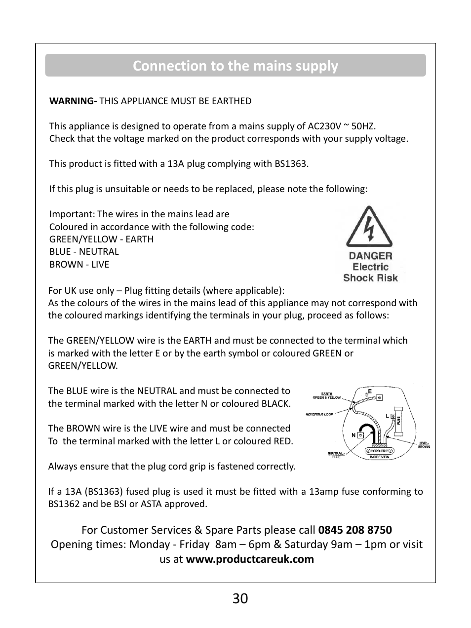 Connection to the mains supply | RUSSELL HOBBS White 8KG 1400 Spin Speed Inverter Direct Drive Washing Machine RHWM81400DIDW User Manual | Page 30 / 32