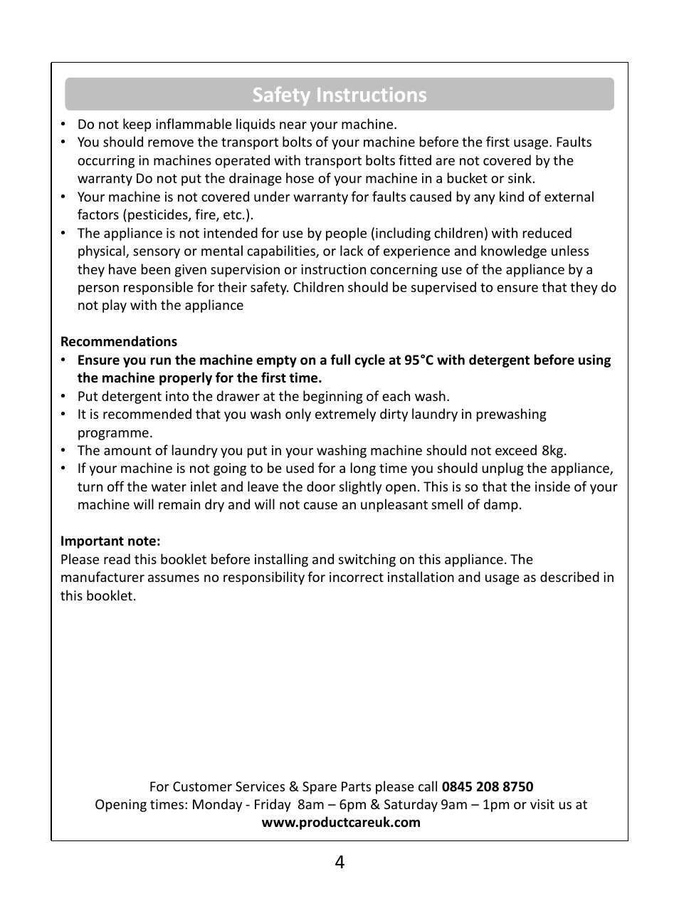 Safety instructions | RUSSELL HOBBS White 8KG 1400 Spin Speed Inverter Direct Drive Washing Machine RHWM81400DIDW User Manual | Page 4 / 32