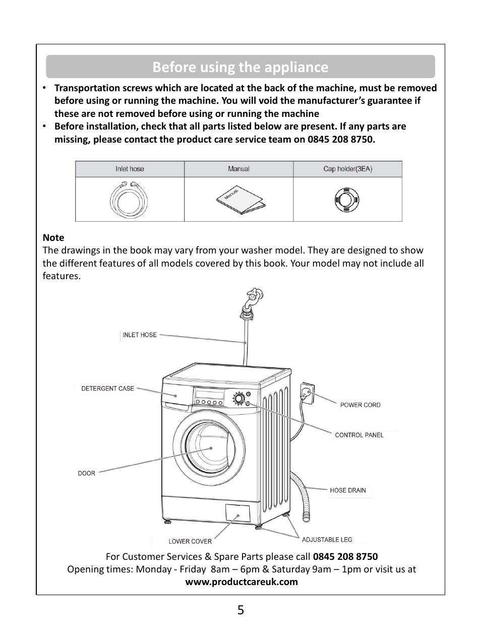 Before using the appliance | RUSSELL HOBBS White 8KG 1400 Spin Speed Inverter Direct Drive Washing Machine RHWM81400DIDW User Manual | Page 5 / 32