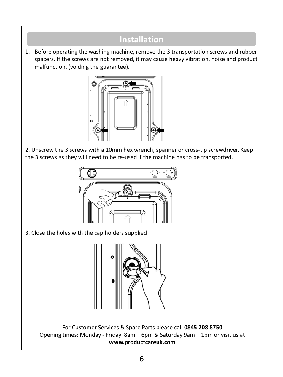 Installation | RUSSELL HOBBS White 8KG 1400 Spin Speed Inverter Direct Drive Washing Machine RHWM81400DIDW User Manual | Page 6 / 32