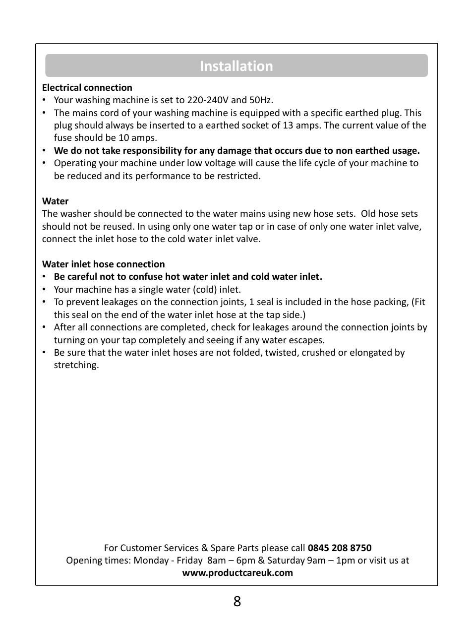 Installation 8 | RUSSELL HOBBS White 8KG 1400 Spin Speed Inverter Direct Drive Washing Machine RHWM81400DIDW User Manual | Page 8 / 32