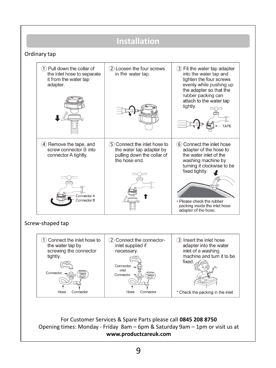 Installation 9 | RUSSELL HOBBS White 8KG 1400 Spin Speed Inverter Direct Drive Washing Machine RHWM81400DIDW User Manual | Page 9 / 32