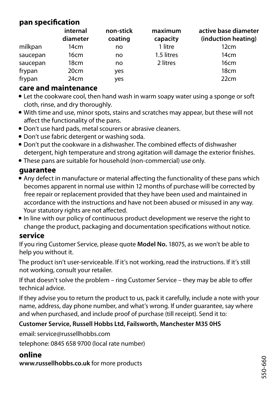 Pan specification, Care and maintenance, Guarantee | Service, Online | RUSSELL HOBBS 18075 User Manual | Page 2 / 2