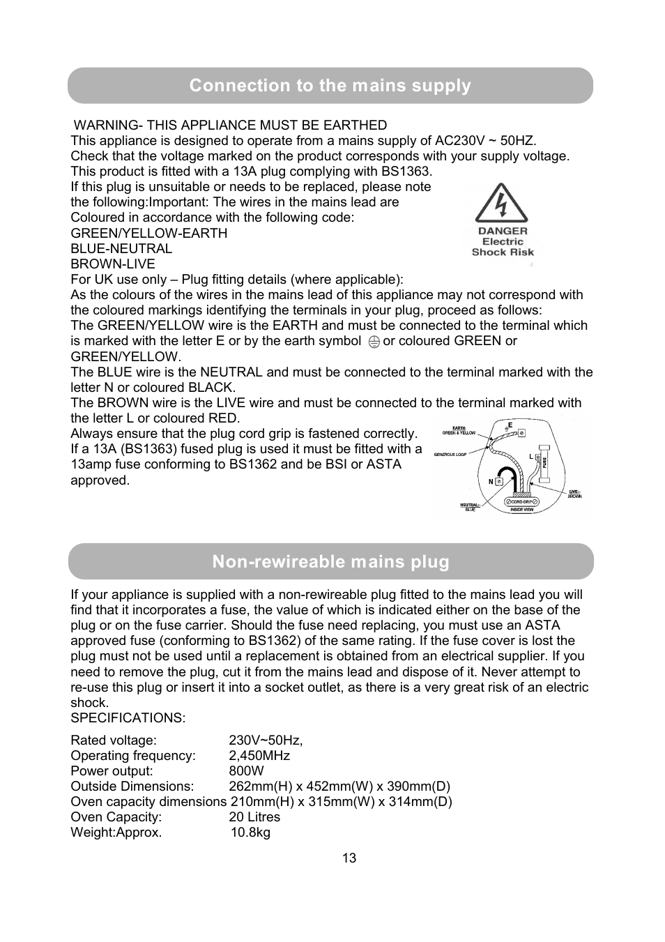 Connection to the mains supply, Non-rewireable mains plug | RUSSELL HOBBS RHM2009S User Manual | Page 15 / 16