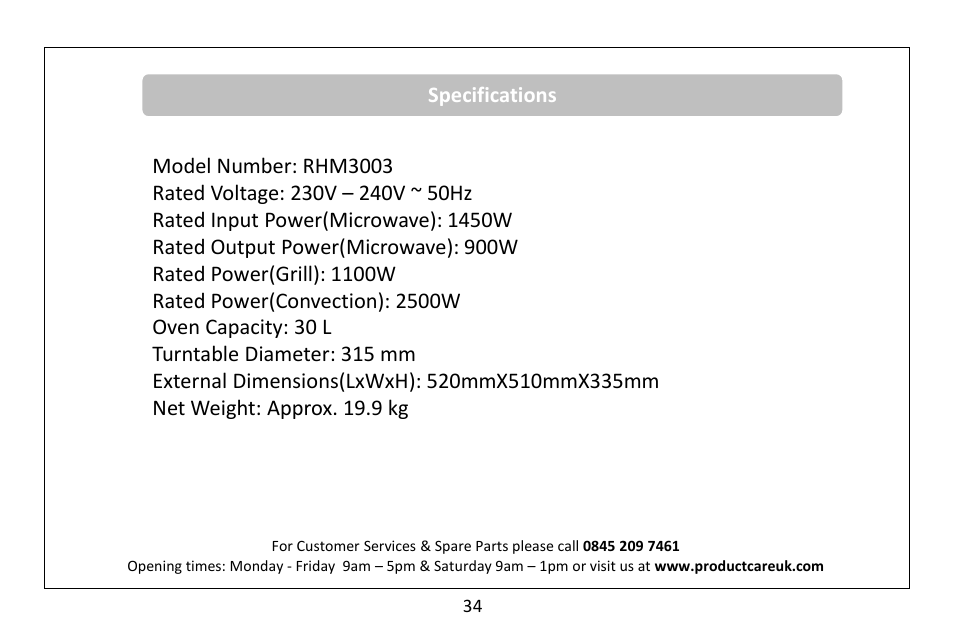 RUSSELL HOBBS 30 Litre Microwave Oven RHM3003 User Manual | Page 35 / 36