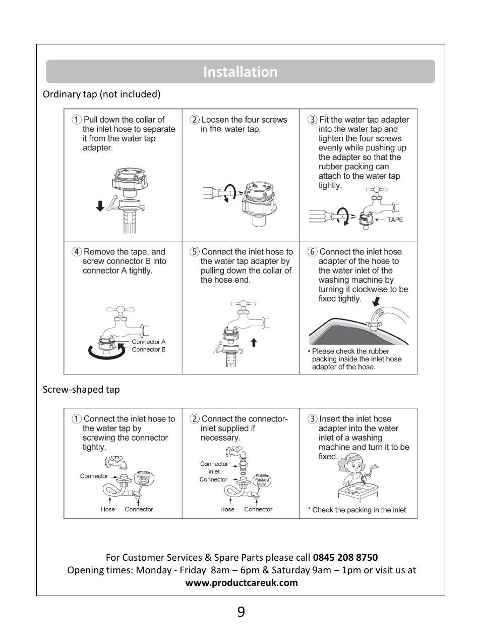 Installation 9 | RUSSELL HOBBS Russel Hobbs Spin Speed Washing Machine RHWM61200B User Manual | Page 10 / 32