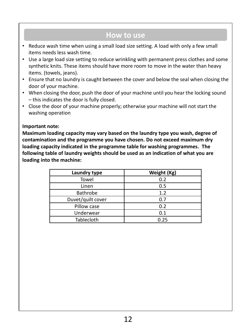 How to use | RUSSELL HOBBS Russel Hobbs Spin Speed Washing Machine RHWM61200B User Manual | Page 13 / 32
