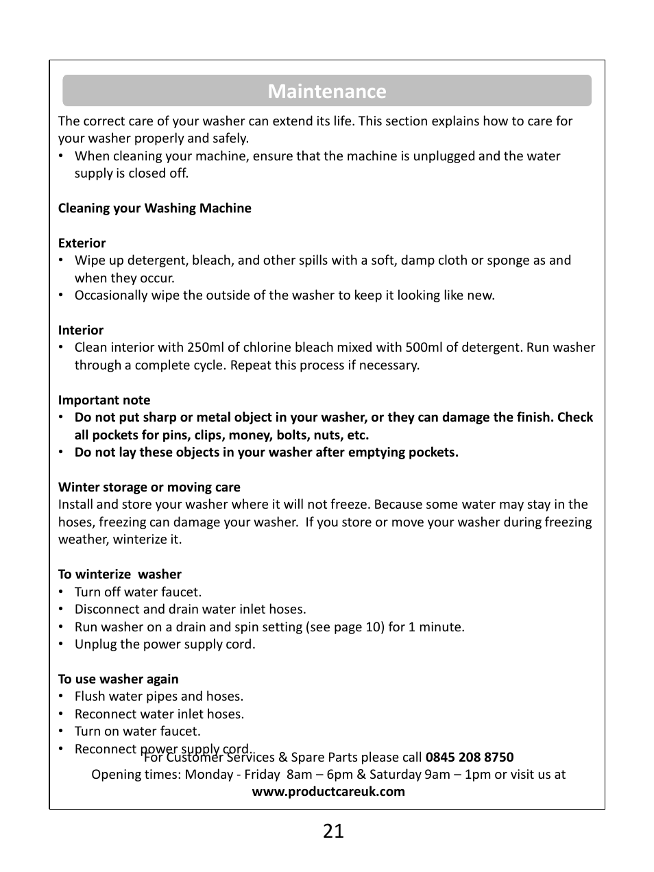 Maintenance 21 | RUSSELL HOBBS Russel Hobbs Spin Speed Washing Machine RHWM61200B User Manual | Page 22 / 32