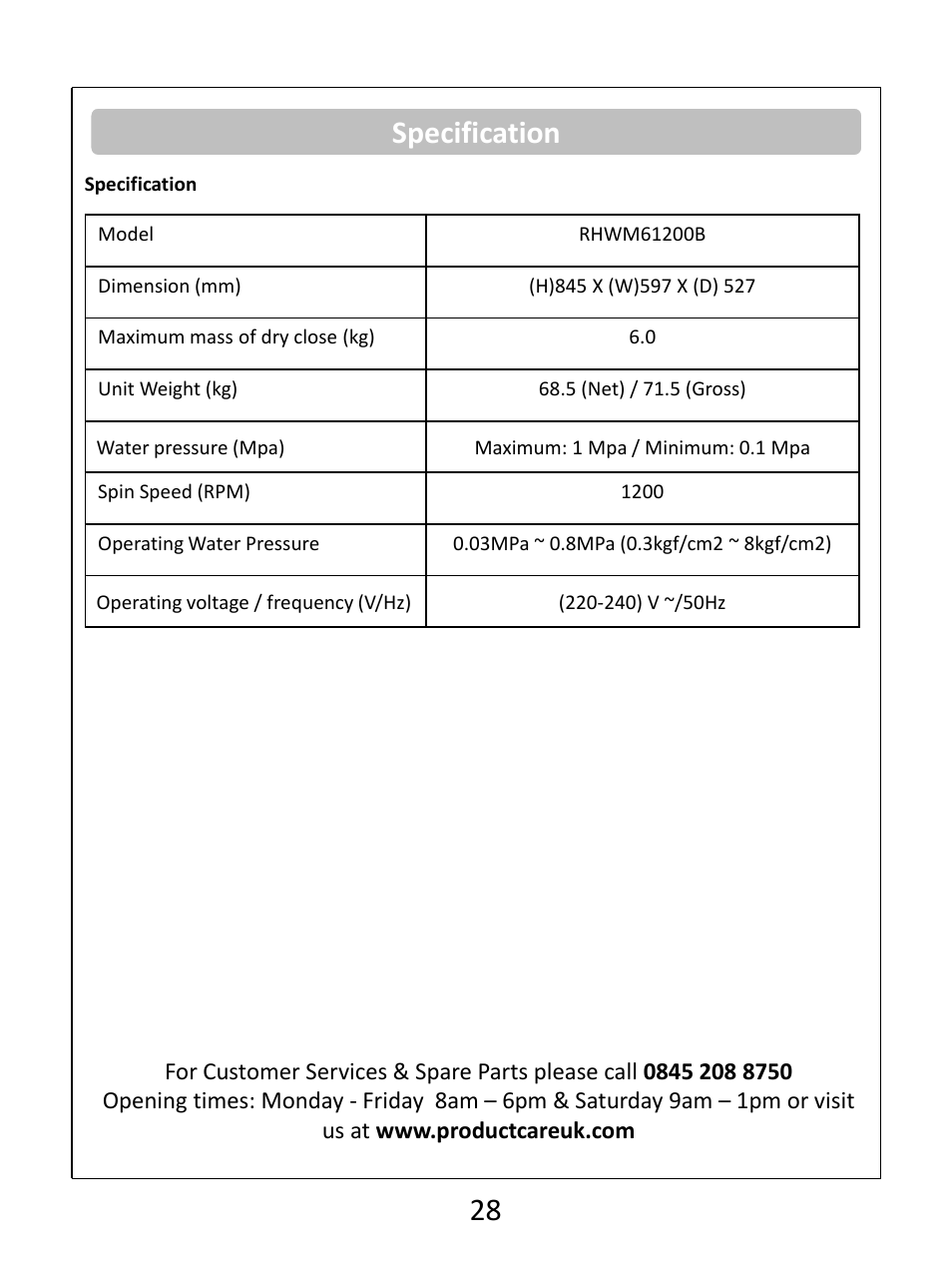 Specification | RUSSELL HOBBS Russel Hobbs Spin Speed Washing Machine RHWM61200B User Manual | Page 29 / 32