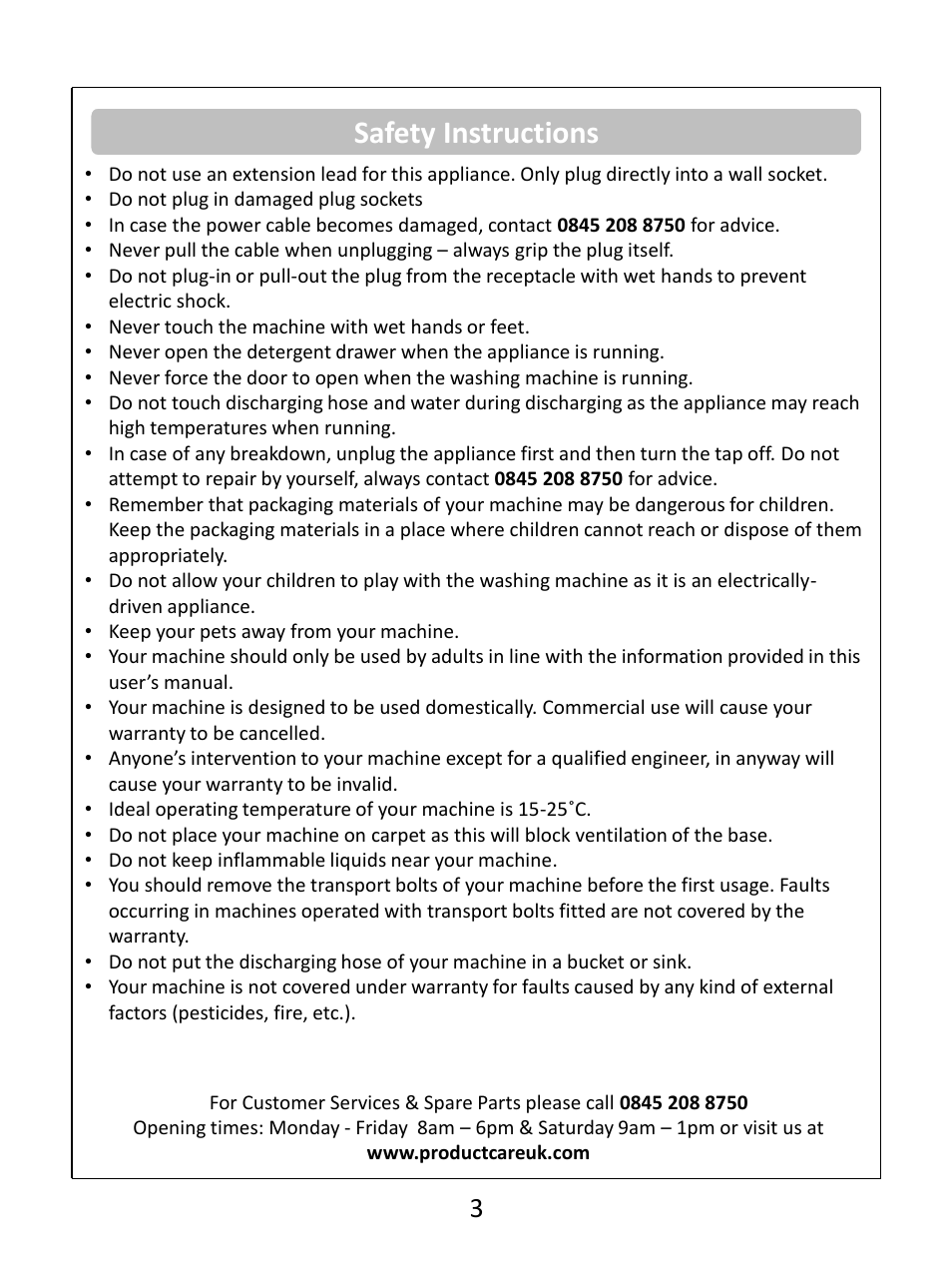Safety instructions | RUSSELL HOBBS Russel Hobbs Spin Speed Washing Machine RHWM61200B User Manual | Page 3 / 32