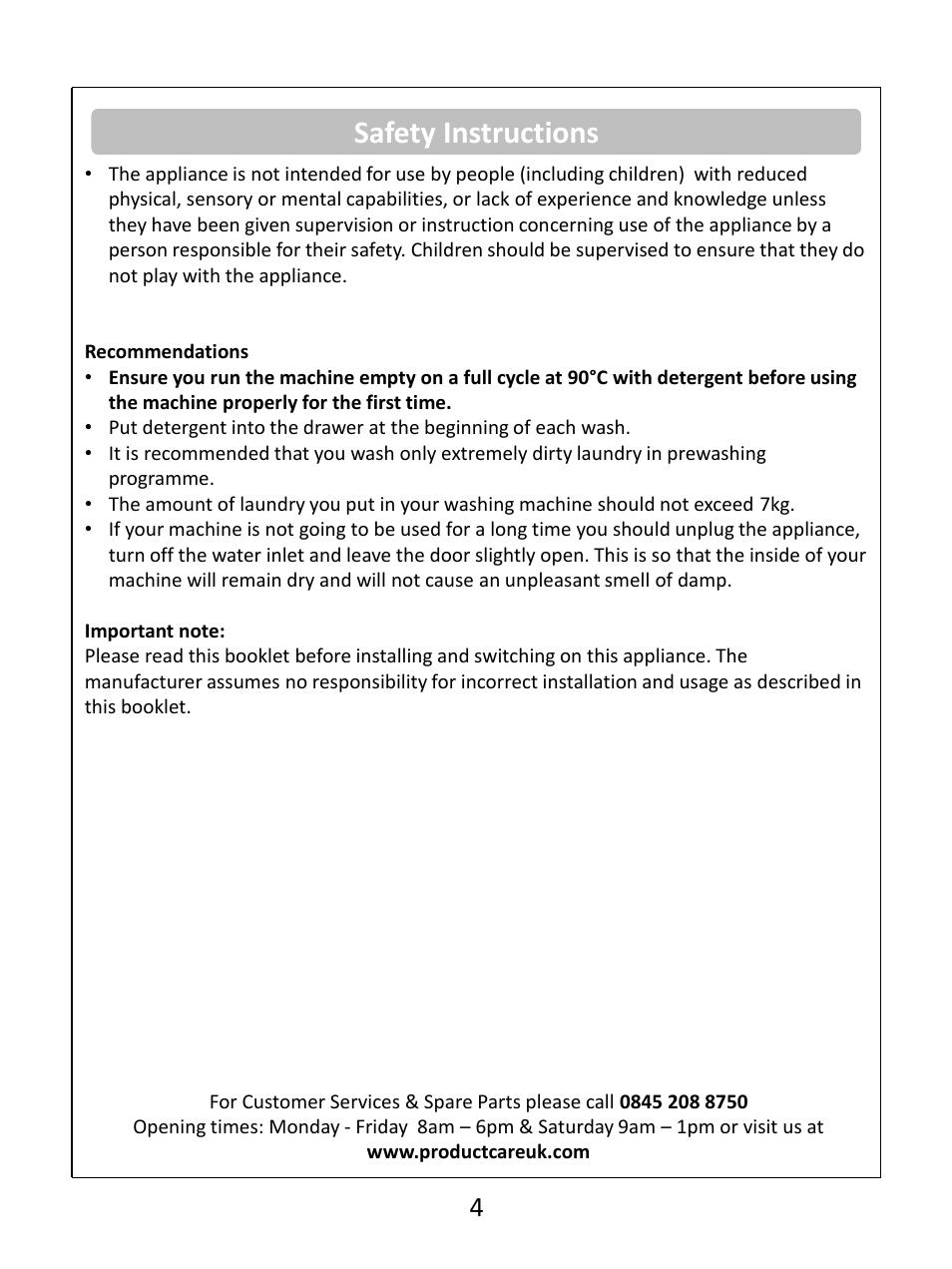 Safety instructions | RUSSELL HOBBS Russel Hobbs Spin Speed Washing Machine RHWM61200B User Manual | Page 4 / 32