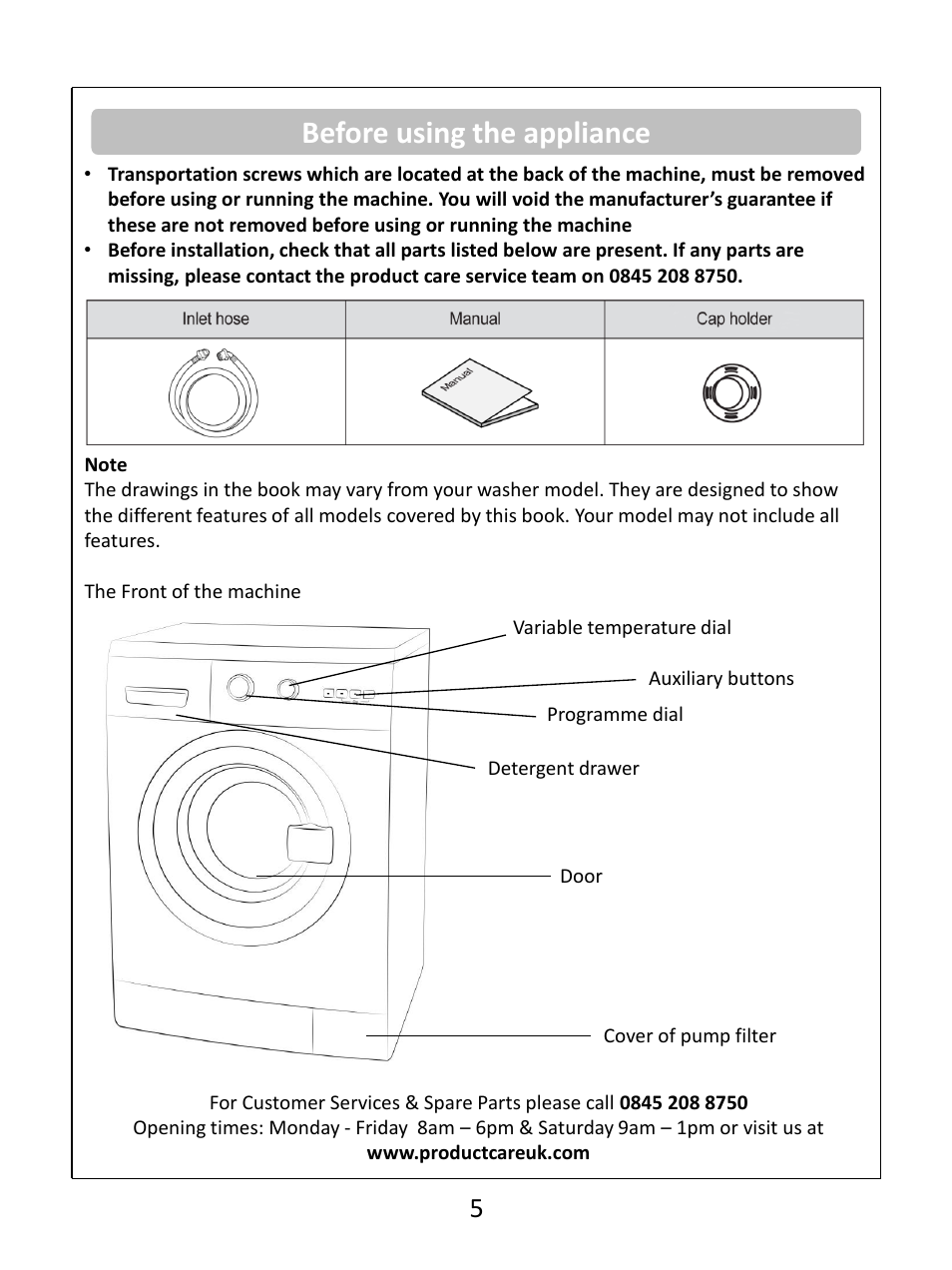 Before using the appliance | RUSSELL HOBBS Russel Hobbs Spin Speed Washing Machine RHWM61200B User Manual | Page 5 / 32