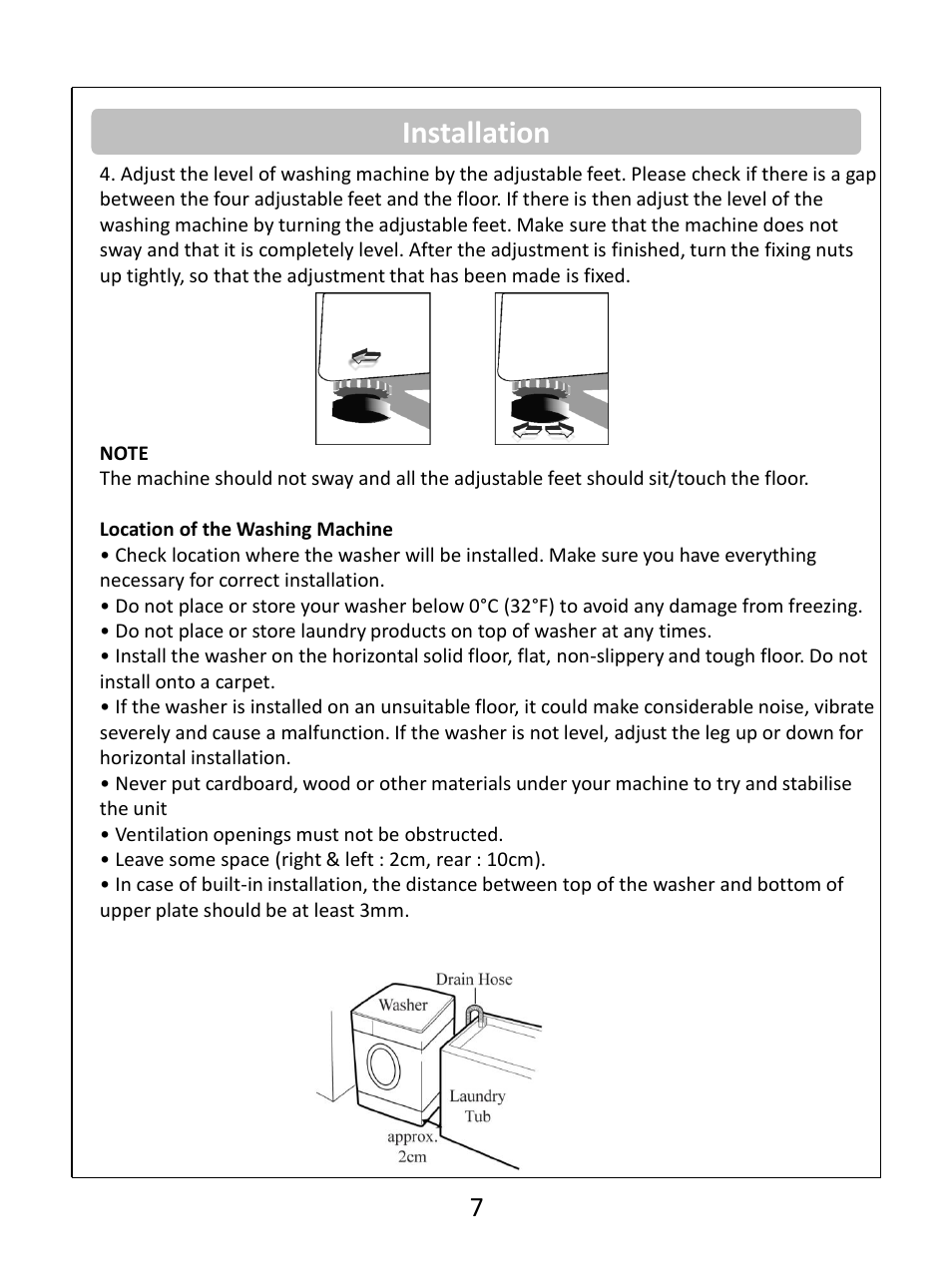 Installation | RUSSELL HOBBS Russel Hobbs Spin Speed Washing Machine RHWM61200B User Manual | Page 8 / 32
