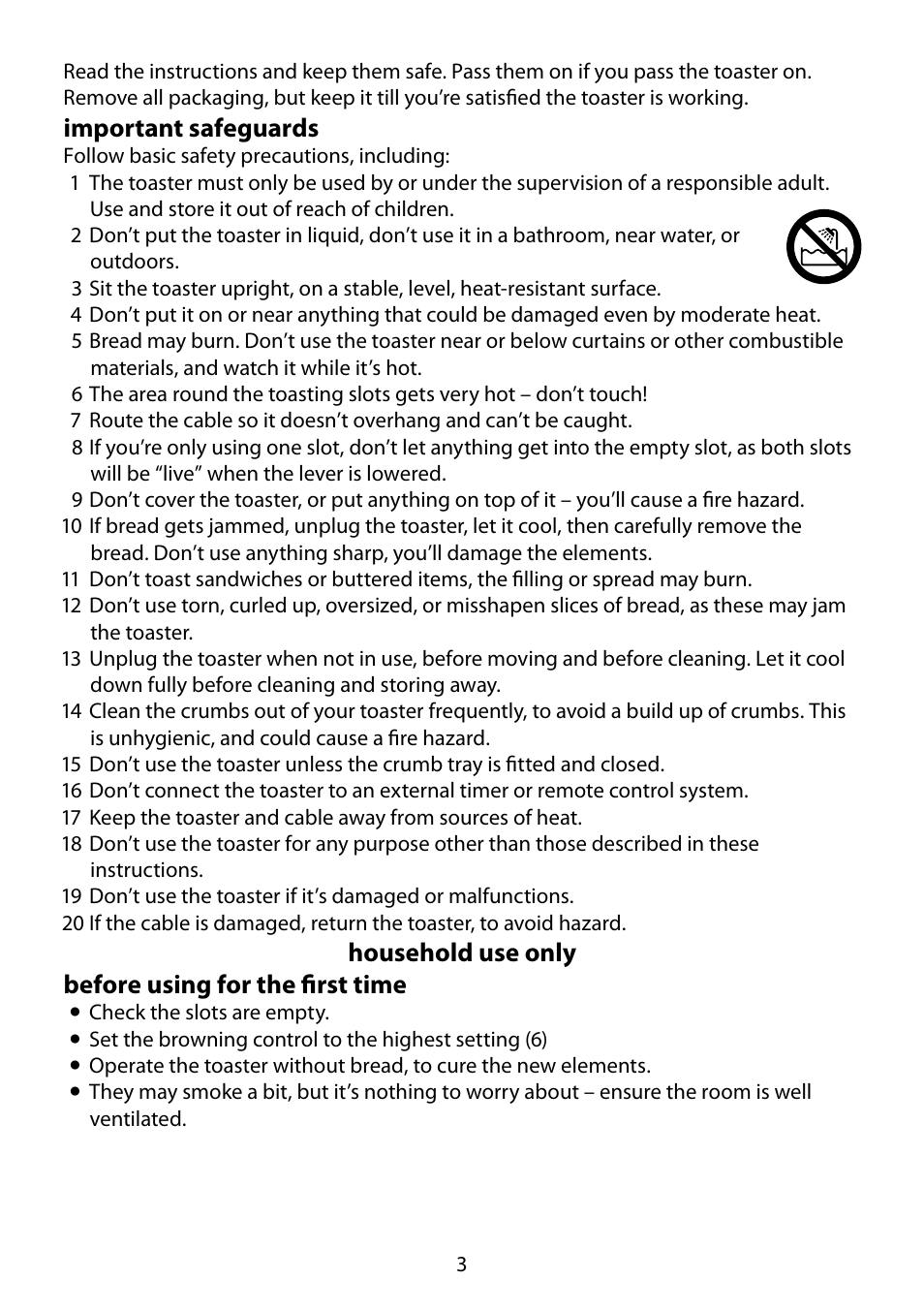 Important safeguards, Household use only before using for the first time | RUSSELL HOBBS none User Manual | Page 3 / 8