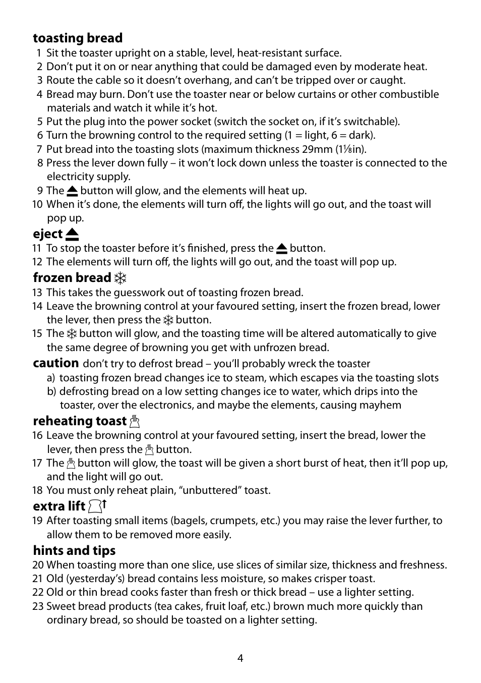 Toasting bread, Eject 5, Frozen bread f | Caution, Reheating toast m, Extra lift h, Hints and tips | RUSSELL HOBBS none User Manual | Page 4 / 8