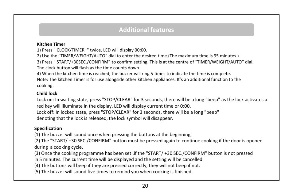 Additional features | RUSSELL HOBBS Russel Hobbs 23 Litre Microwave Oven RHM2362S User Manual | Page 21 / 32