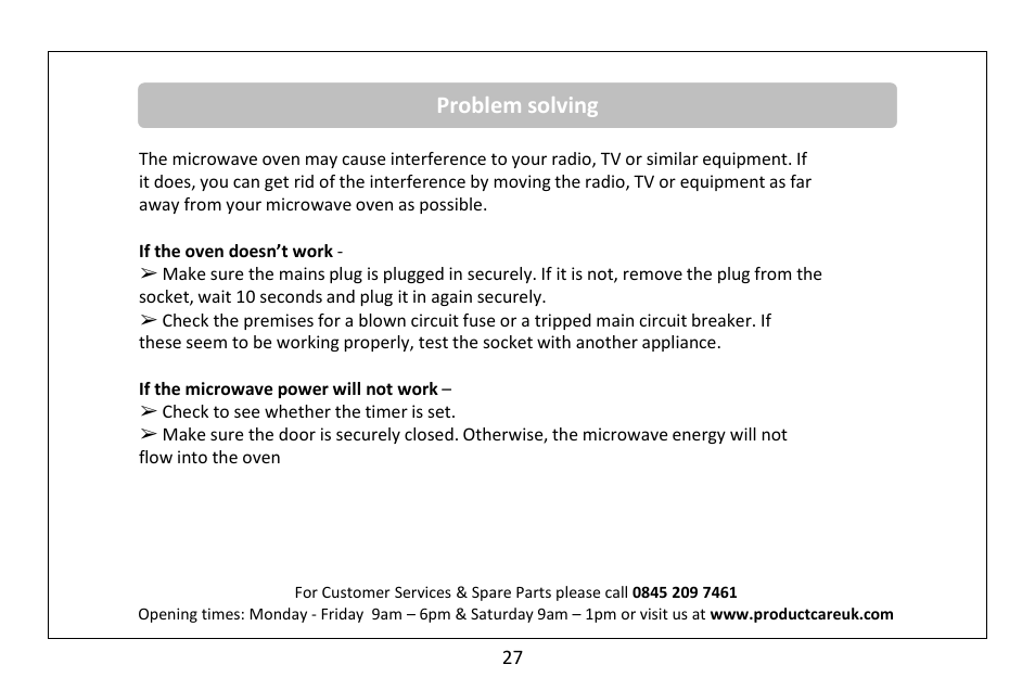 Problem solving | RUSSELL HOBBS Russel Hobbs 23 Litre Microwave Oven RHM2362S User Manual | Page 28 / 32