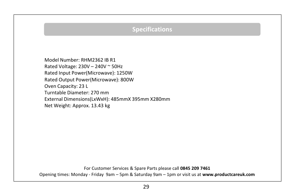 Specifications | RUSSELL HOBBS Russel Hobbs 23 Litre Microwave Oven RHM2362S User Manual | Page 30 / 32