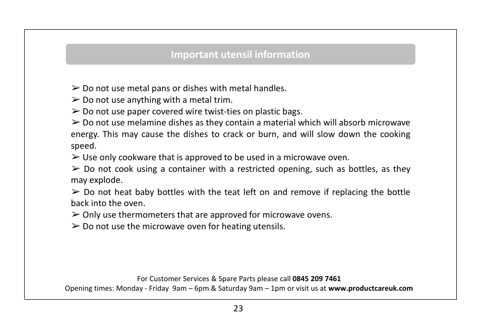 Important utensil information | RUSSELL HOBBS 20 Litre Microwave Oven RHM2063B User Manual | Page 24 / 32