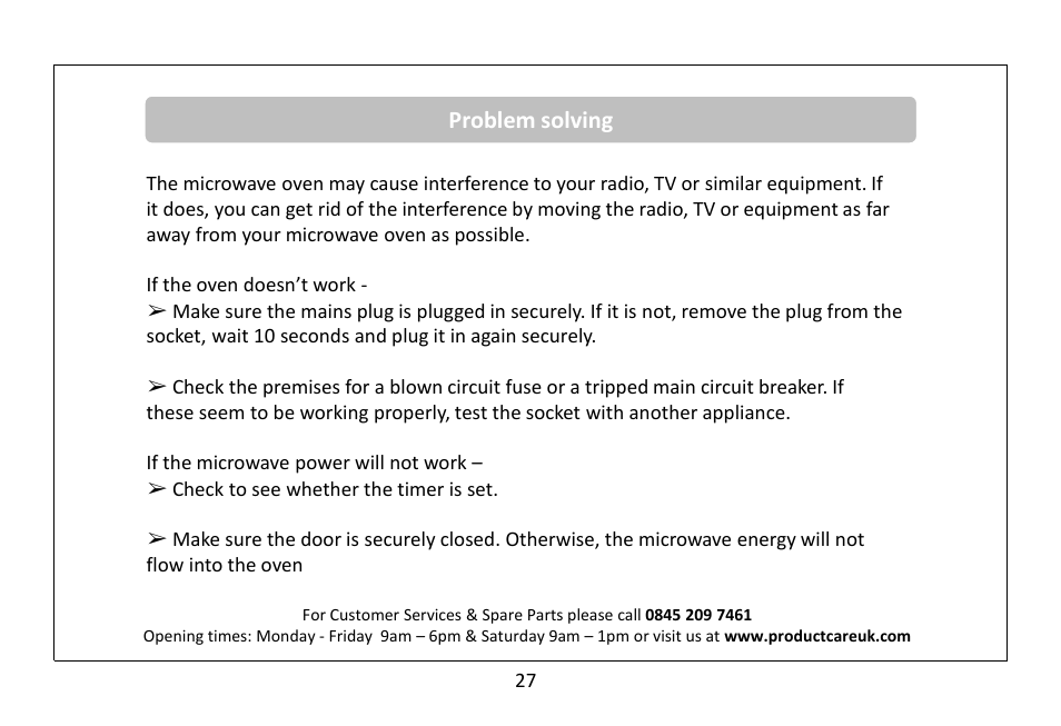 Problem solving | RUSSELL HOBBS 20 Litre Microwave Oven RHM2063B User Manual | Page 28 / 32