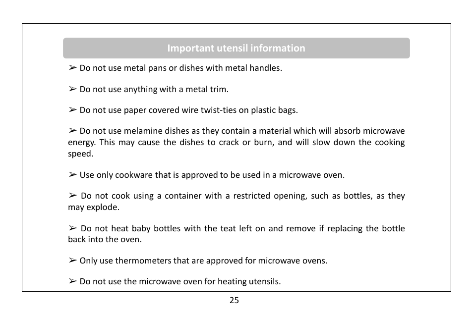 Important utensil information | RUSSELL HOBBS 20 Litre microwave oven RHM2041S User Manual | Page 27 / 36