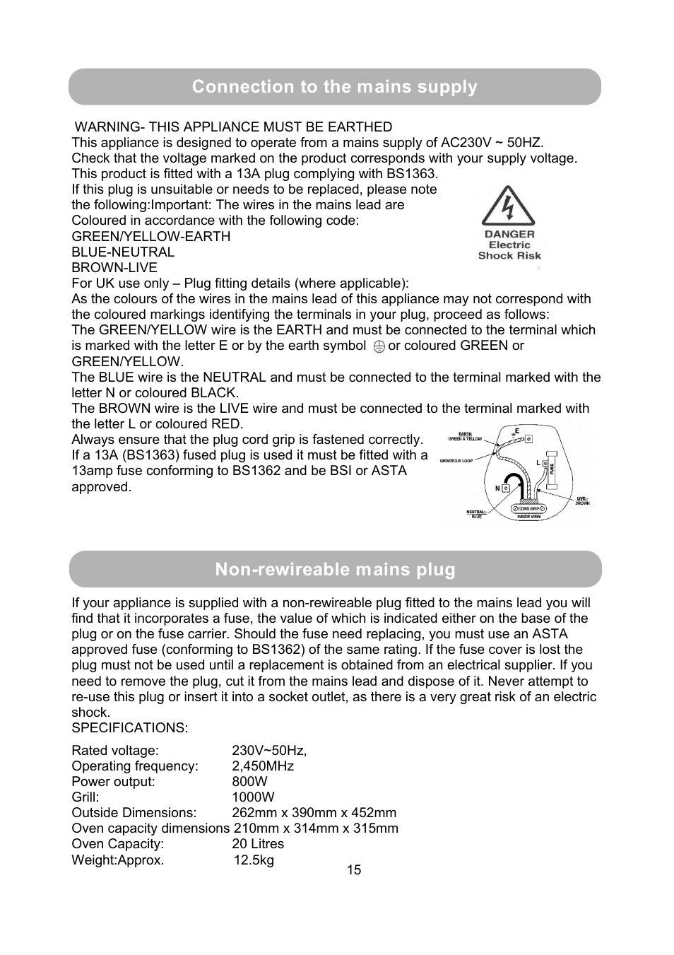 Non-rewireable mains plug, Connection to the mains supply | RUSSELL HOBBS RHM2010S User Manual | Page 17 / 18