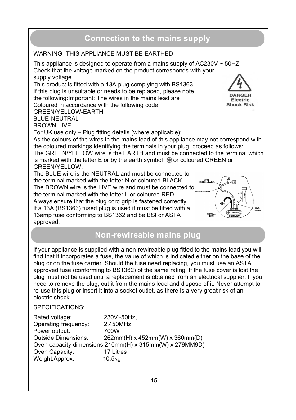 Connection to the mains supply, Non-rewireable mains plug | RUSSELL HOBBS RHM1712 User Manual | Page 17 / 18