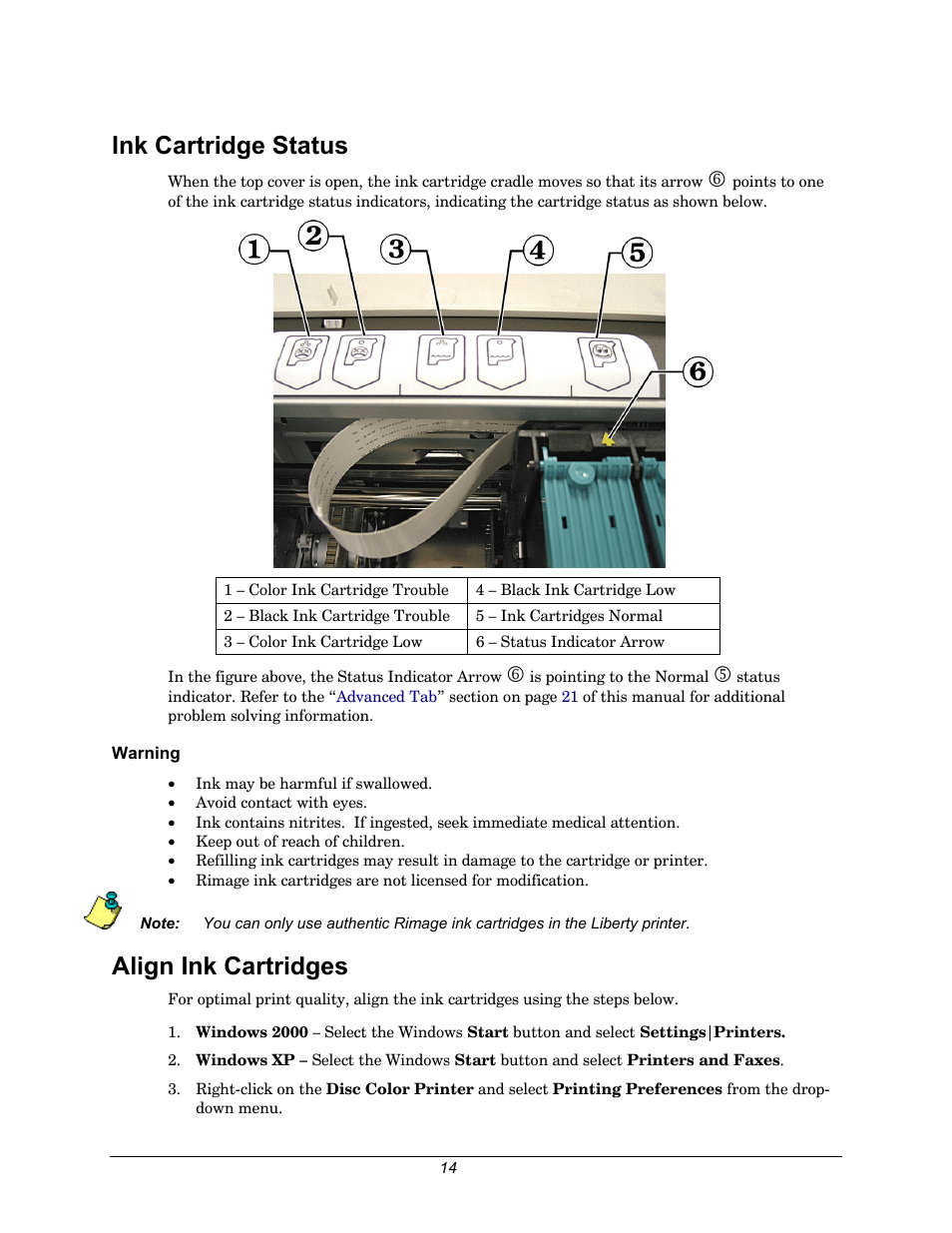 Ink cartridge status, Align ink cartridges | Rimage 110705-000 User Manual | Page 14 / 30