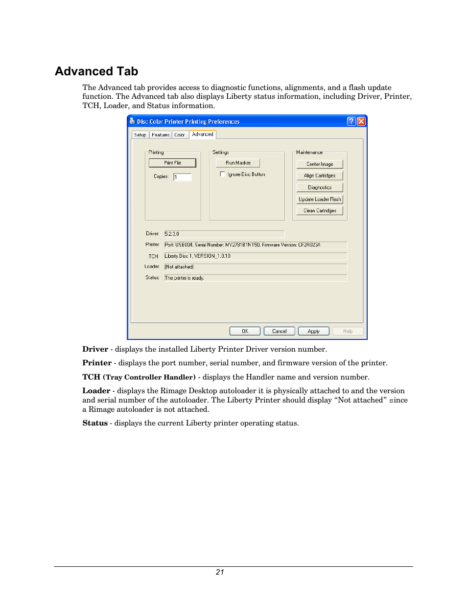 Advanced tab, Section on | Rimage 110705-000 User Manual | Page 21 / 30