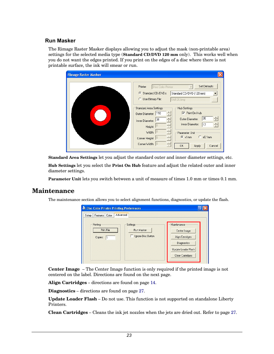 Run masker, Maintenance, Option | Print on hub | Rimage 110705-000 User Manual | Page 23 / 30