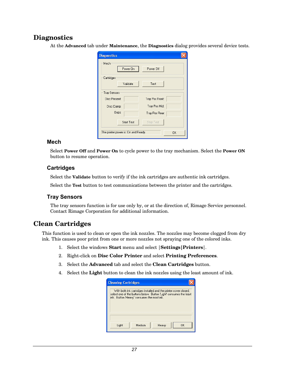 Diagnostics, Mech, Cartridges | Tray sensors, Clean cartridges | Rimage 110705-000 User Manual | Page 27 / 30