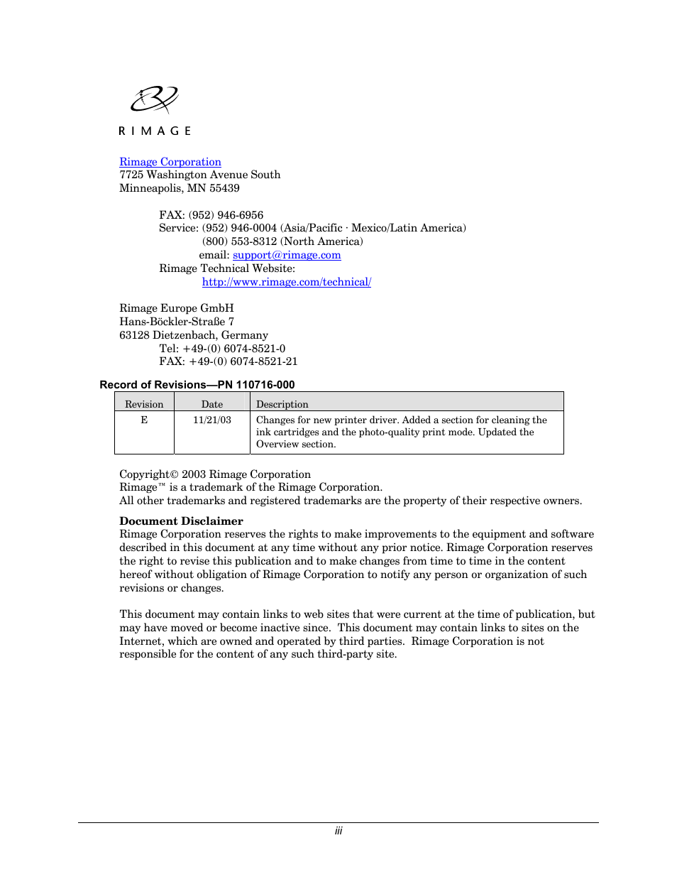 Rimage 110705-000 User Manual | Page 3 / 30